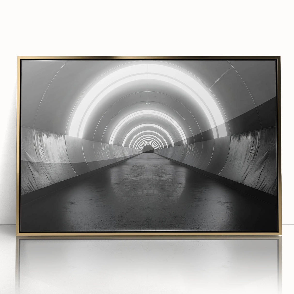 Mid-century modernist art print featuring geometric shapes in muted gold on a framed acrylic, suitable for nursery wall art.