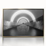 Mid-century modernist art print featuring geometric shapes in muted gold on a framed acrylic, suitable for nursery wall art.