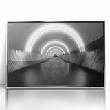 Framed acrylic print of an art deco poster featuring geometric shapes in silver and gray tones.