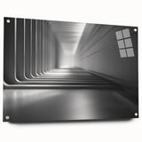 Large abstract wall art on acrylic, featuring swirling blue and gray tones, ideal for modern bedroom or dining room decor.