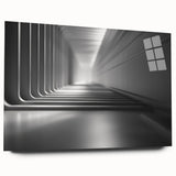 Large abstract wall art on acrylic glass showcasing swirling blue and gray tones, suitable for bedroom or dining room decor.