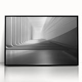 Large abstract wall art on acrylic, featuring swirling blue and gray tones, in a mid-century modernist style.