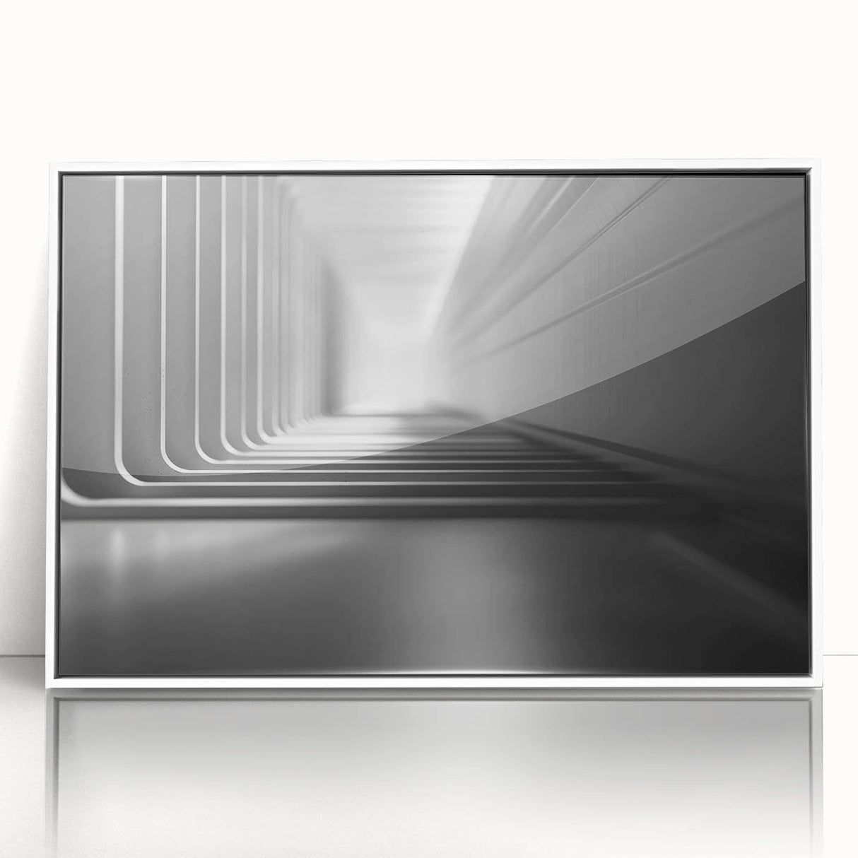 Large art print of a mid-century modernist abstract design in muted earth tones, framed in white acrylic.