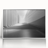 Large art print of a mid-century modernist abstract design in muted earth tones, framed in white acrylic.