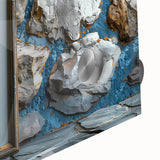 Large abstract wall art in vibrant orange and blue tones on acrylic glass, suited for dining room decor.