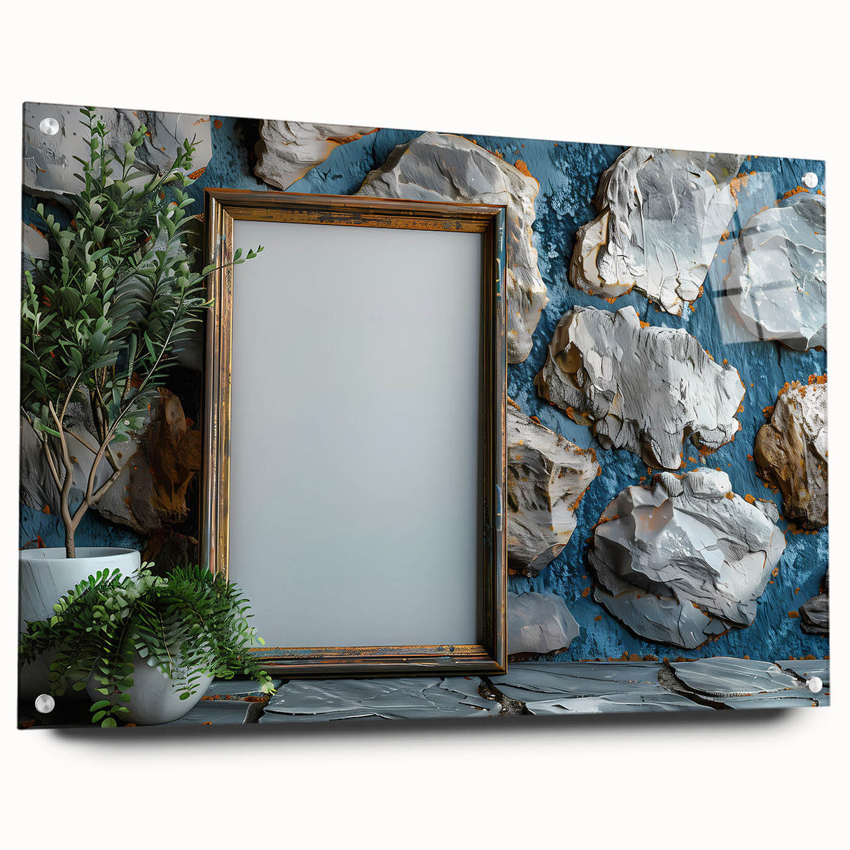 Large abstract wall art on acrylic glass, featuring swirling blue and gray tones.