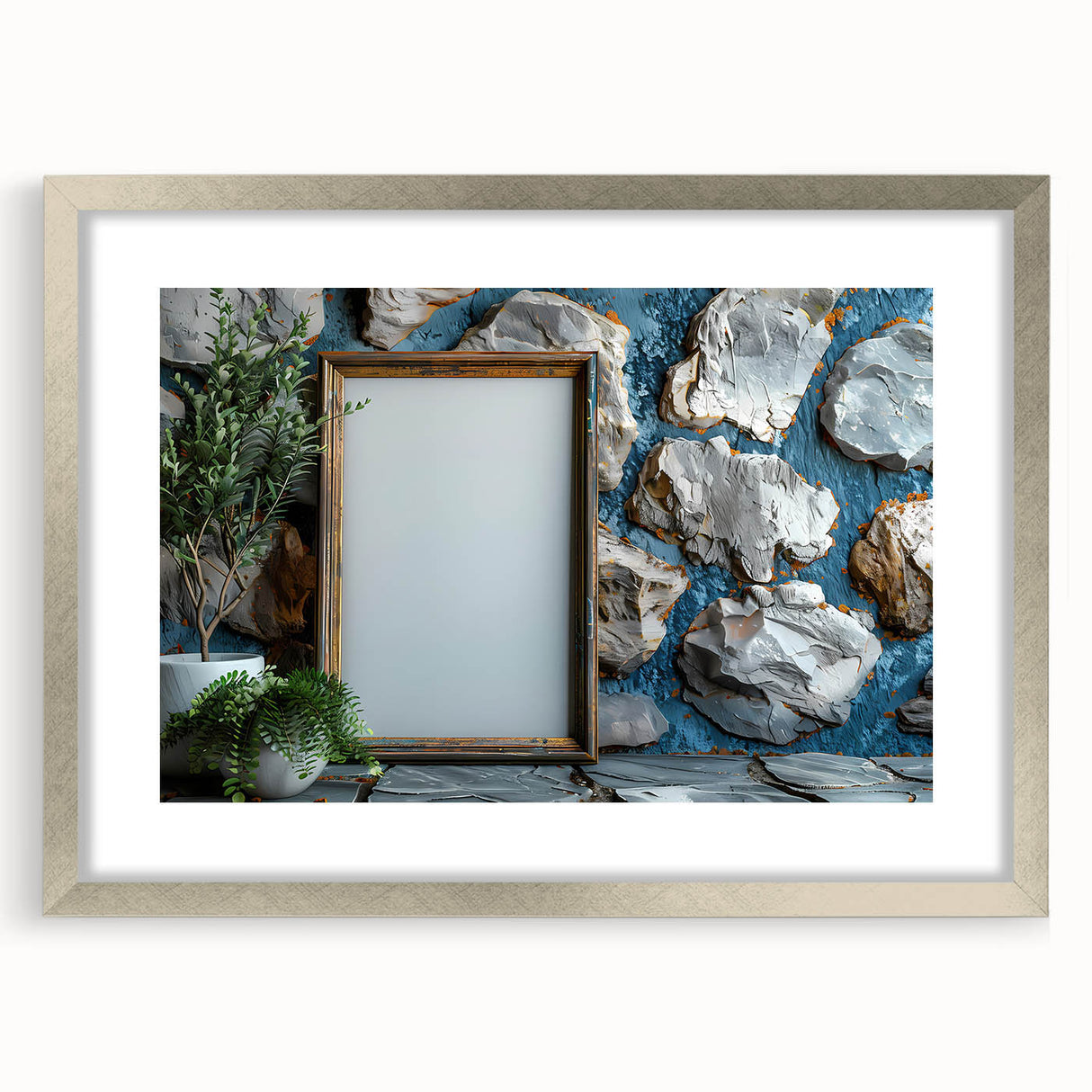 Textured abstract art print in silver frame, featuring swirling gray patterns, ideal for modern bedroom decor.