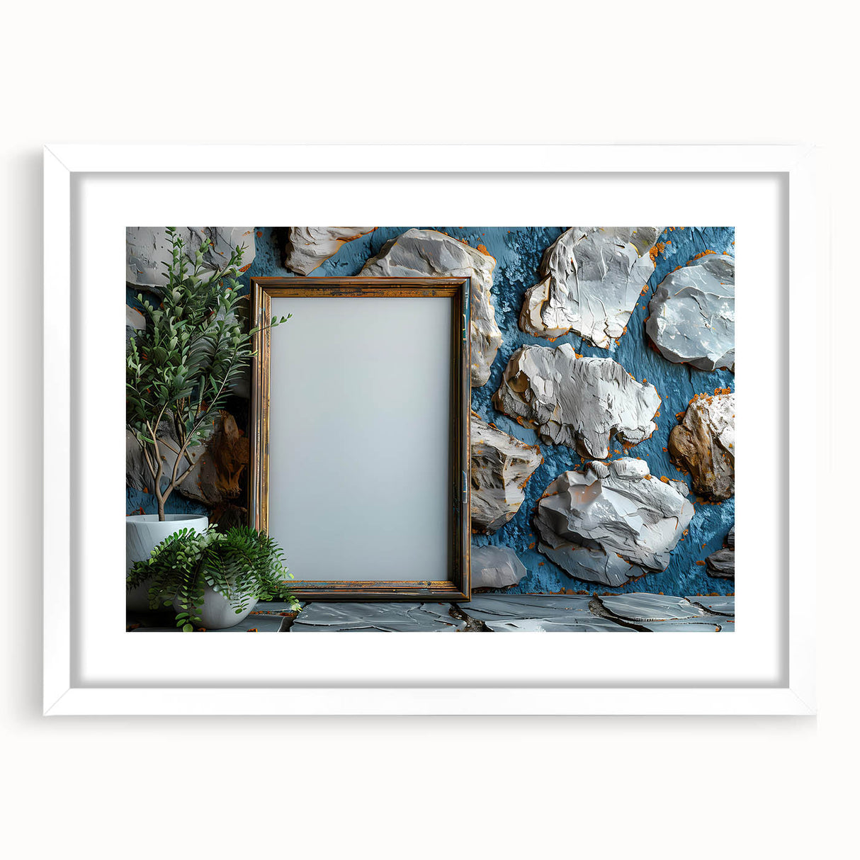 Abstract art print featuring swirling blue and gray tones on a white framed canvas.