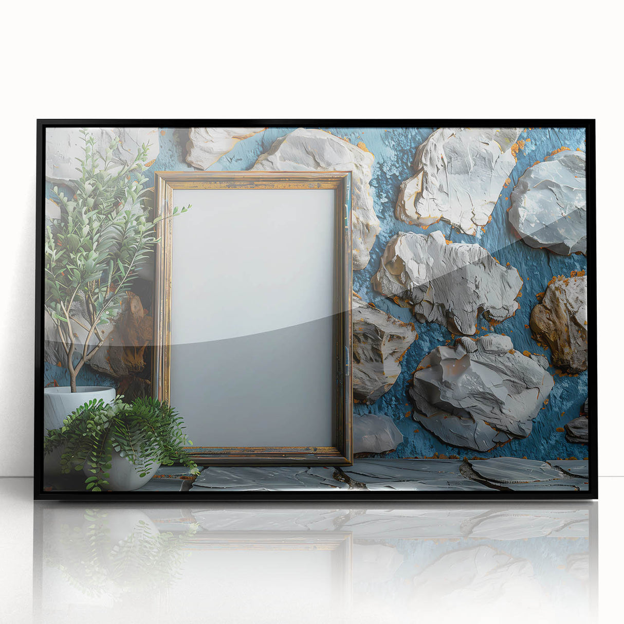 Large abstract wall art in mid-century modernist style, featuring swirling blue and gold tones on a framed acrylic print.