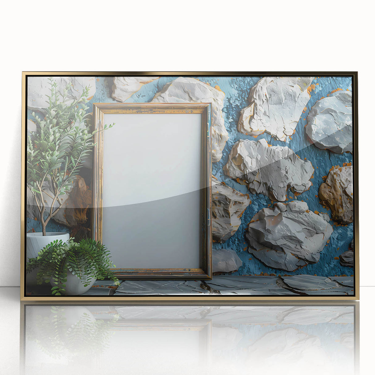 Large art print of a mid-century modernist abstract design in gold and black tones on a framed acrylic.