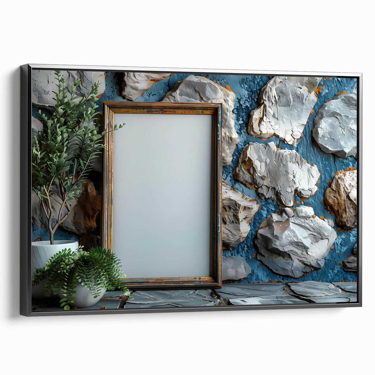 Black and white framed canvas featuring a vintage landscape painting, ideal for bedroom wall art.