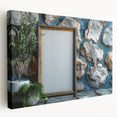 A large stretched canvas featuring a vibrant abstract design in blue and orange, ideal for kitchen wall art.