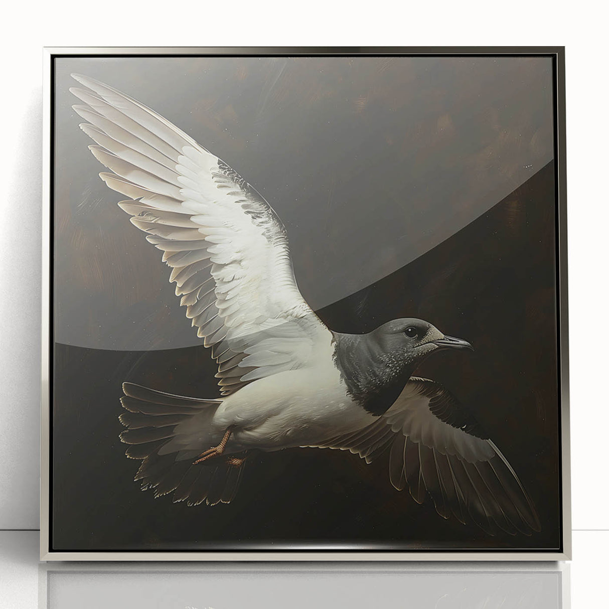 Framed acrylic print showcasing a stunning silver abstract design, elegantly displayed from the front view to highlight its reflective quality and modern aesthetics. Perfect for contemporary home decor.