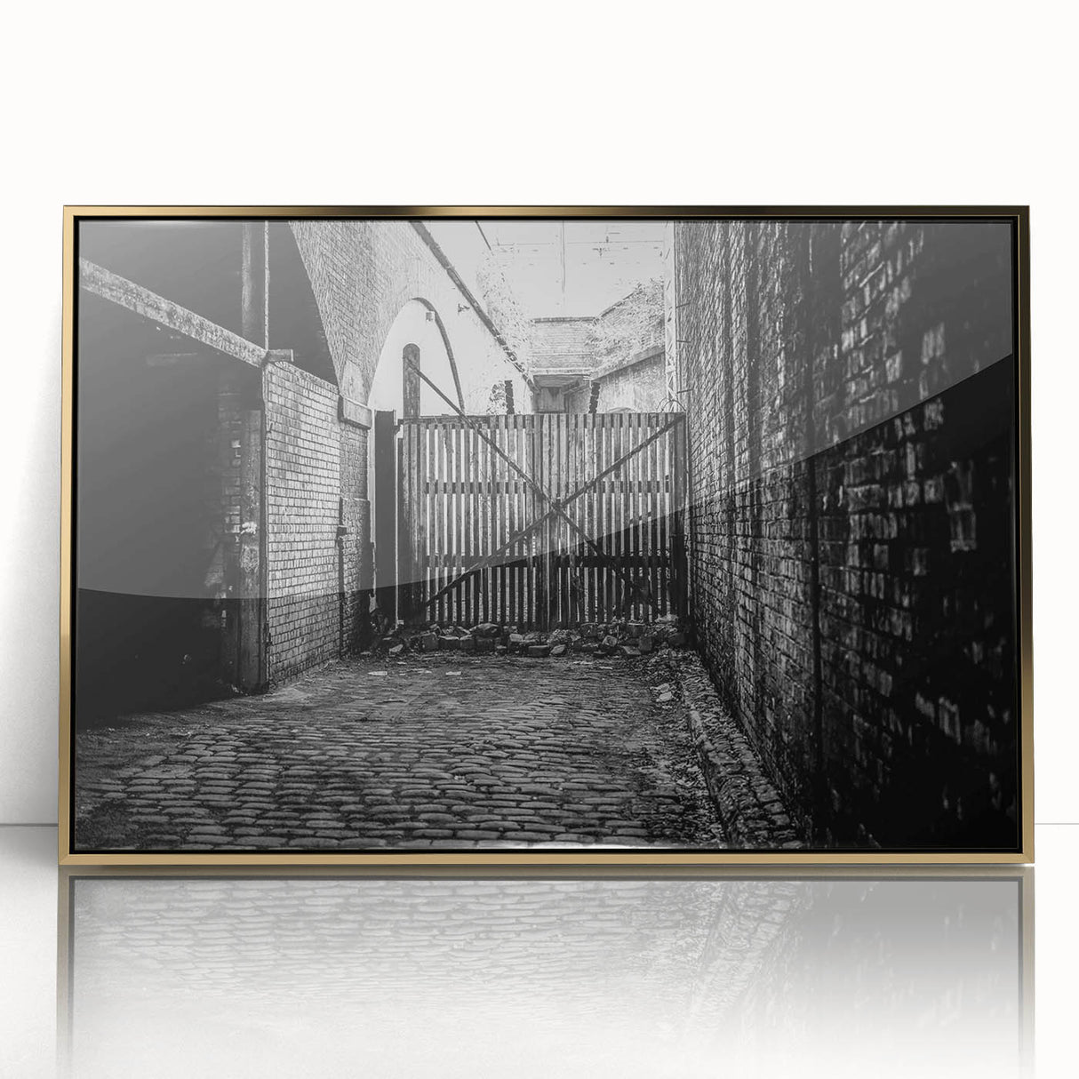 Framed acrylic print featuring a mid-century modernist abstract design in gold and black tones.