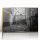 Framed acrylic print featuring a mid-century modernist abstract design in gold and black tones.
