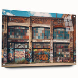 Large abstract wall art on acrylic, featuring swirling blue and white patterns.