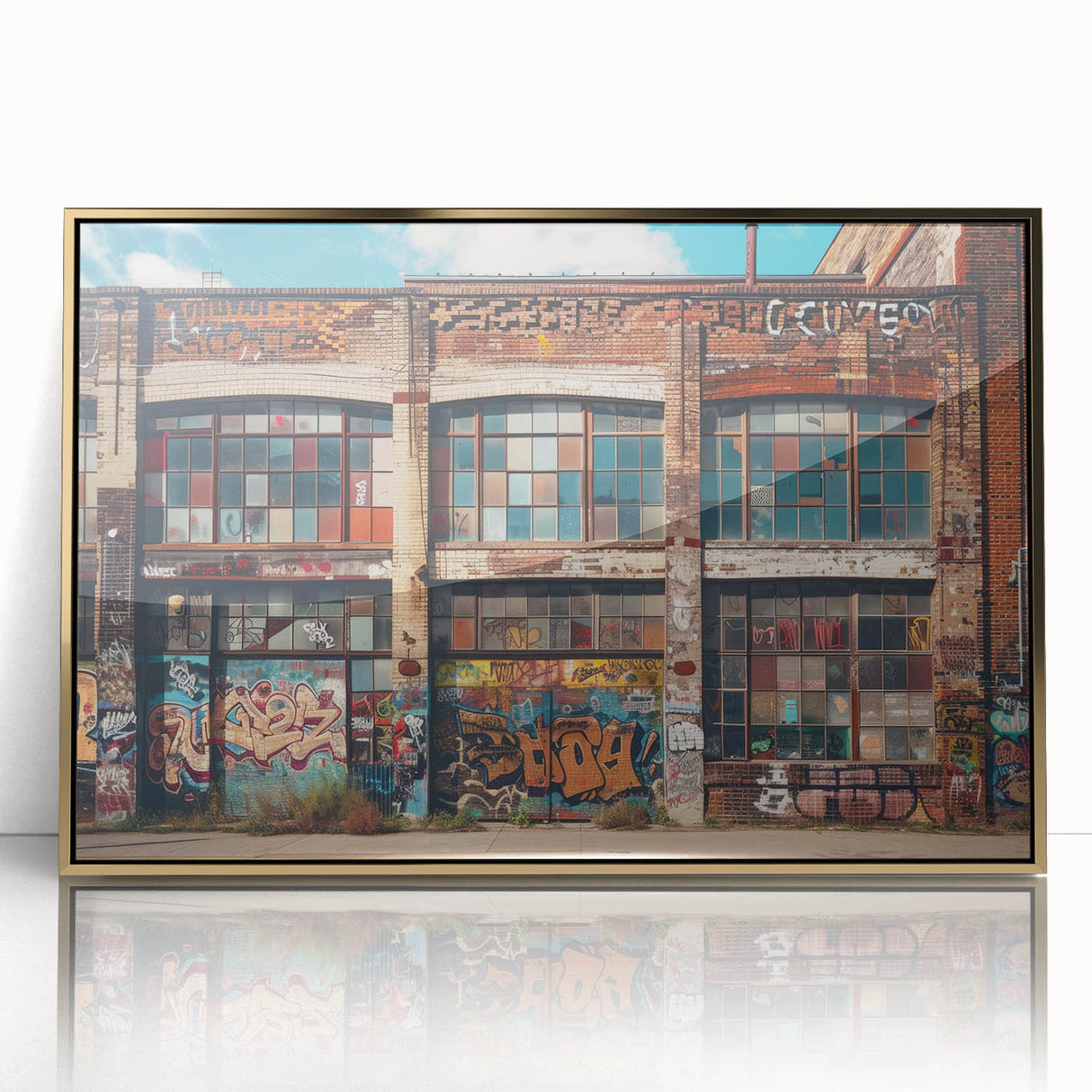Large art print featuring a mid-century modernist abstract design in gold and black tones on a framed acrylic panel.