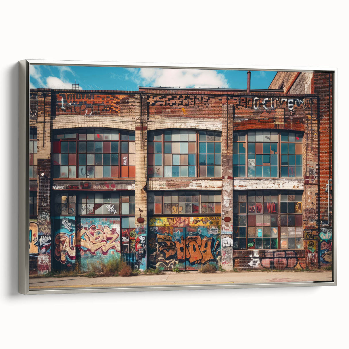 Framed canvas landscape art painting featuring colorful abstract design on black background.