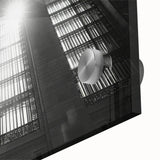 Large abstract wall art in vibrant orange and blue tones on acrylic, suitable as mid-century modernist dining room art.