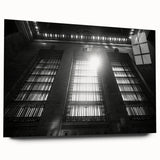 Large abstract wall art in blue and gray tones on acrylic glass, ideal for bedroom or dining room decor.