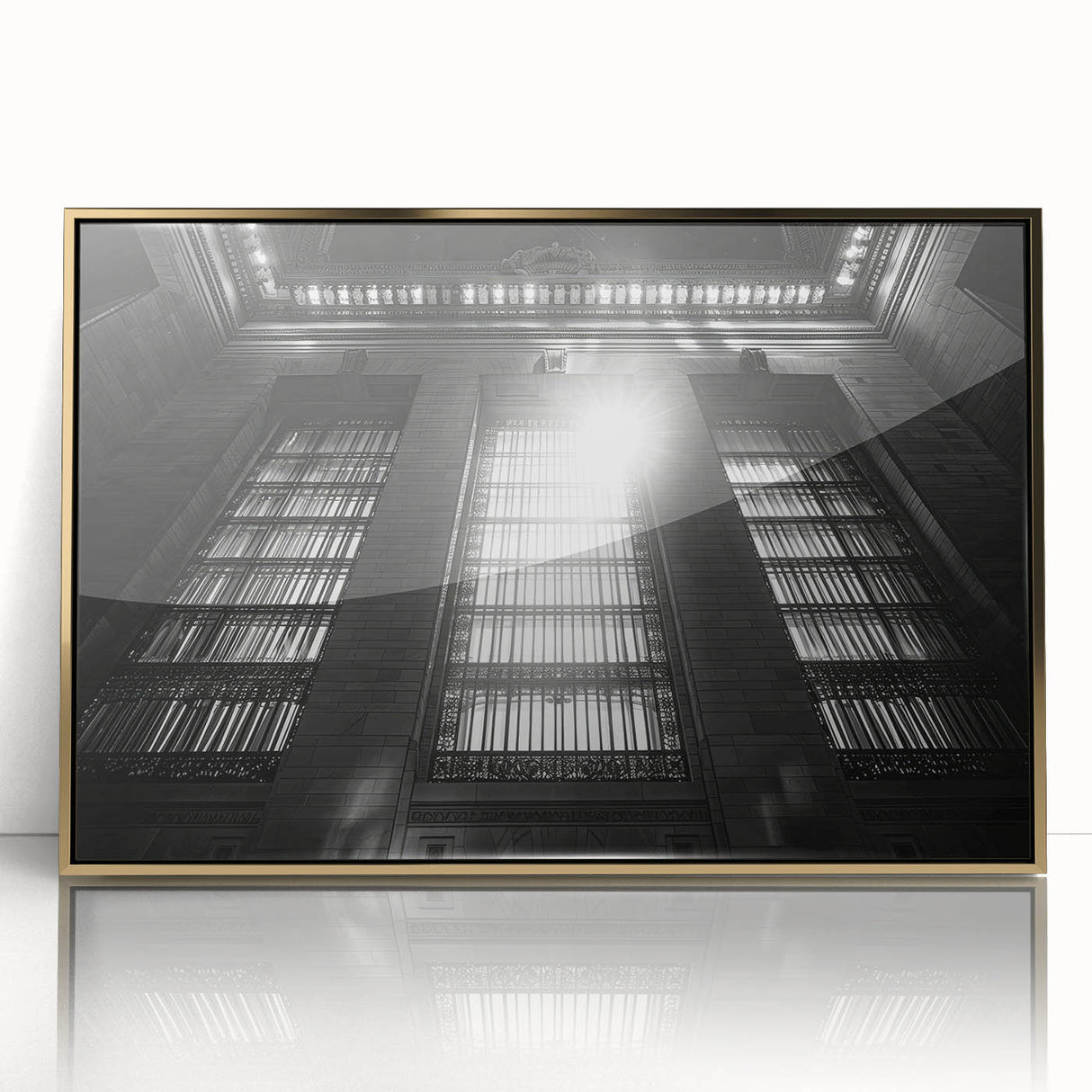 Mid-century modernist art deco poster featuring geometric shapes in gold and black on acrylic, ideal for nursery wall decor.