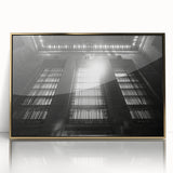 Mid-century modernist art deco poster featuring geometric shapes in gold and black on acrylic, ideal for nursery wall decor.