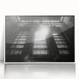 Large art print of a mid-century modernist abstract design in muted tones on a framed acrylic.