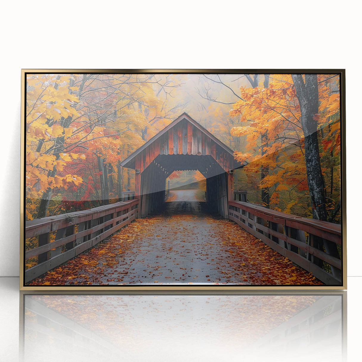 Large art print of abstract mid-century modernist shapes in neutral and gold tones on acrylic.