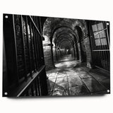 Large abstract wall art on acrylic glass featuring swirling blue and gray tones, suitable for bedroom or dining room decor.