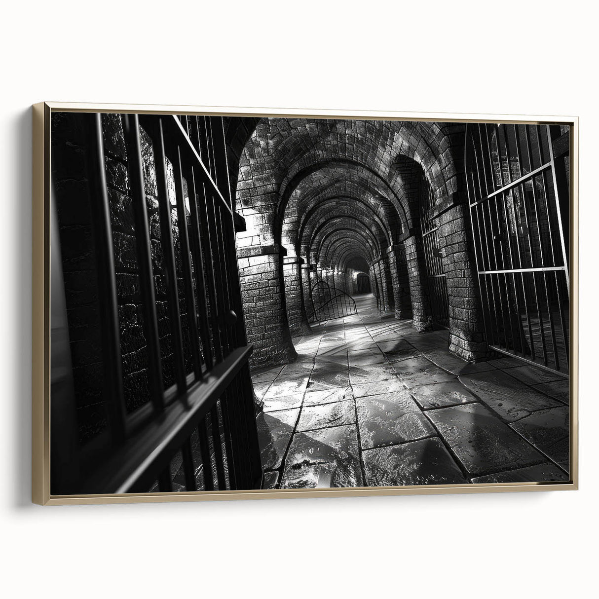 Framed canvas featuring a black and gold vintage landscape painting, ideal for bedroom wall art.