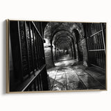 Framed canvas featuring a black and gold vintage landscape painting, ideal for bedroom wall art.