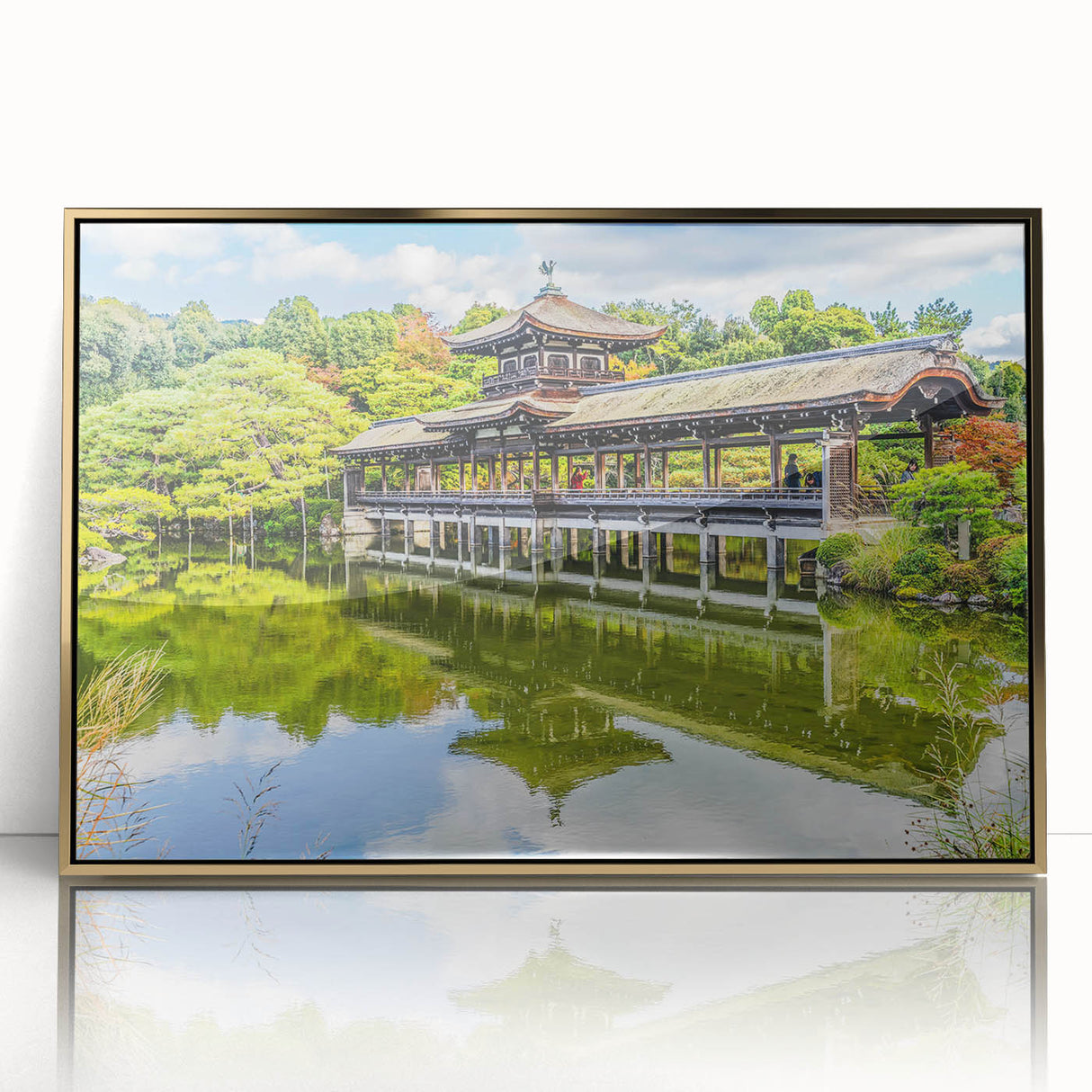 Framed acrylic print of a mid-century modernist design in soft gold and beige tones, suitable for modern nursery wall decor.