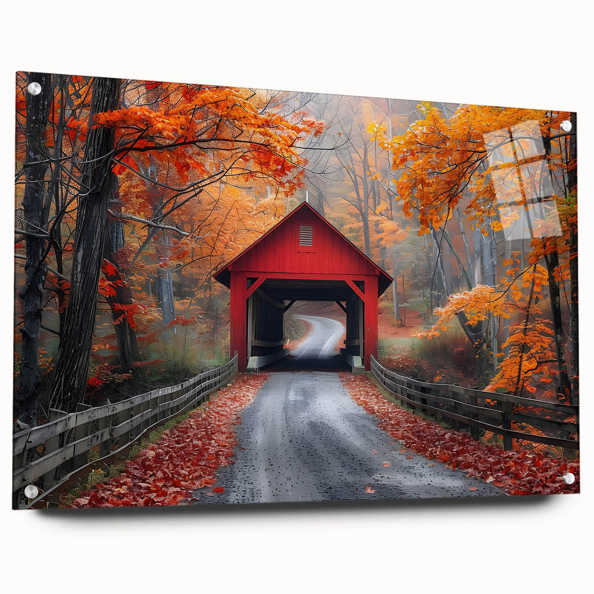 Large abstract wall art in vibrant orange and blue tones on acrylic glass, suitable for bedroom or dining room decor.