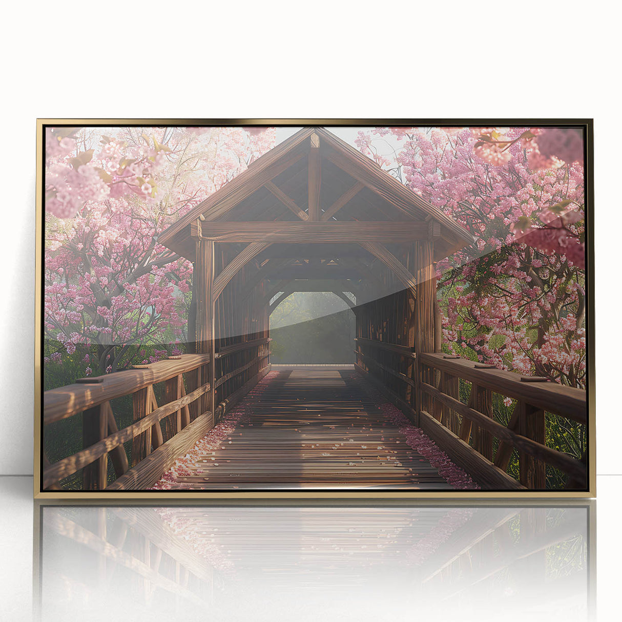 Large art print of a mid-century modernist abstract design in gold and white tones on framed acrylic.
