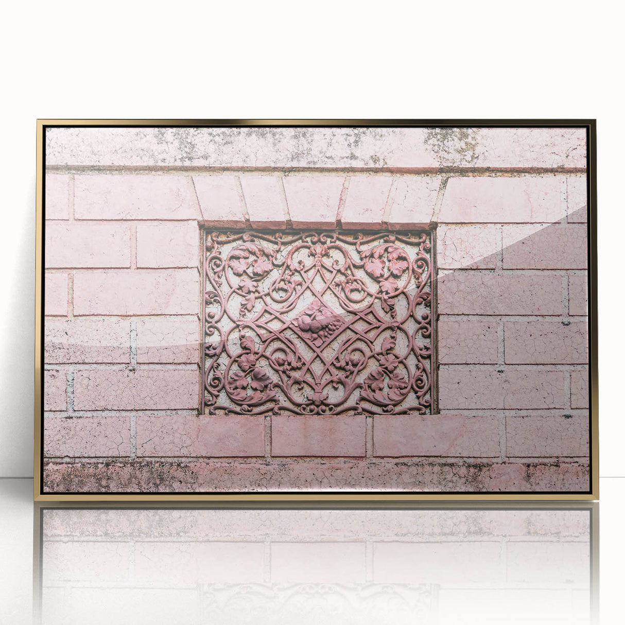 Large acrylic print of a mid-century modernist abstract design in gold and white.