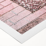 Art deco poster featuring geometric patterns in muted gold and navy, on rolled canvas, suitable for dining room wall art.