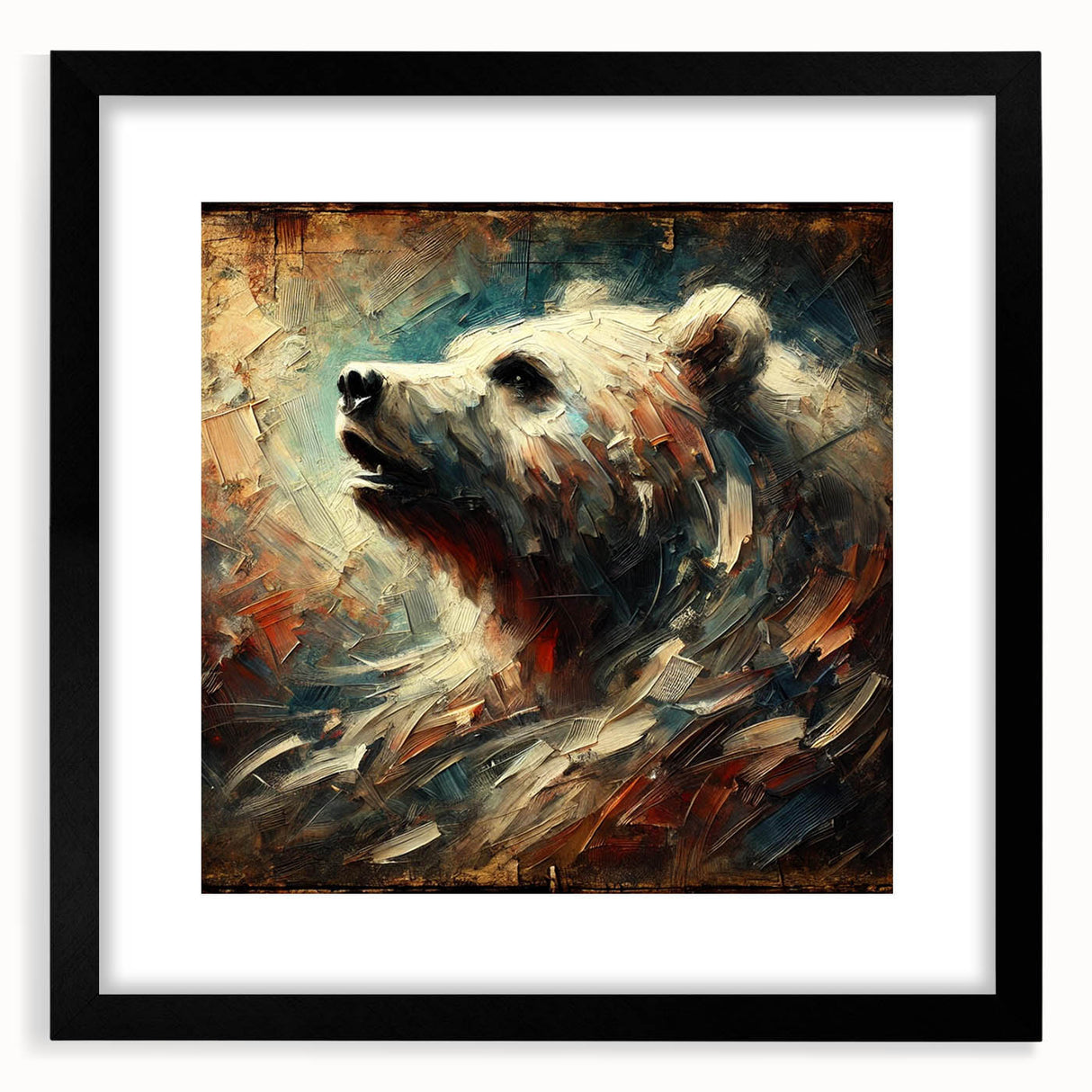 Abstract oil painting of a bear, showcasing vibrant colors and dynamic brush strokes, framed in a sleek black mat, ideal for modern home decor. Perfect for wildlife art enthusiasts.