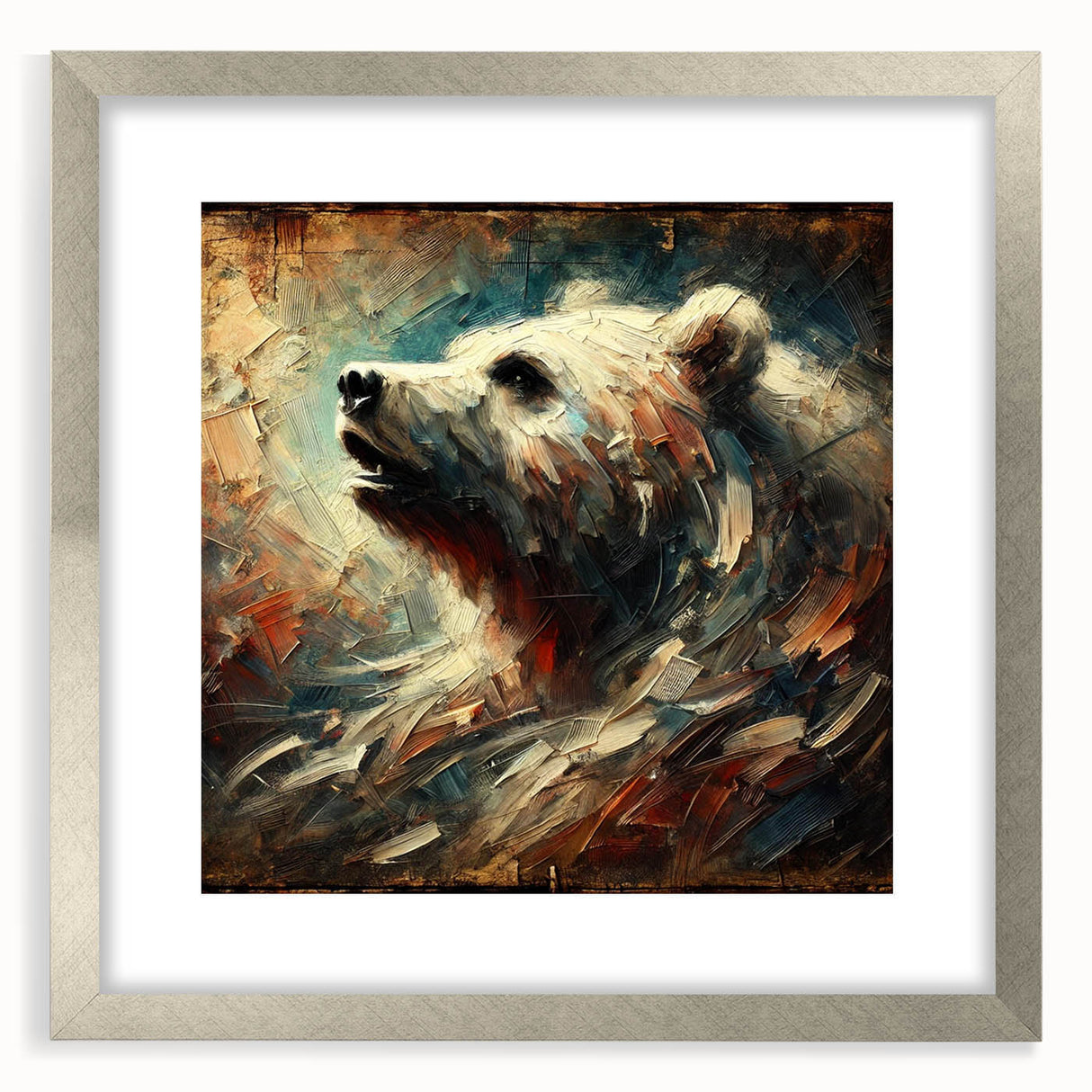 Abstract oil painting of a bear in dynamic motion, framed with a sleek silver mat, showcasing vibrant colors and textures, perfect for modern home decor.