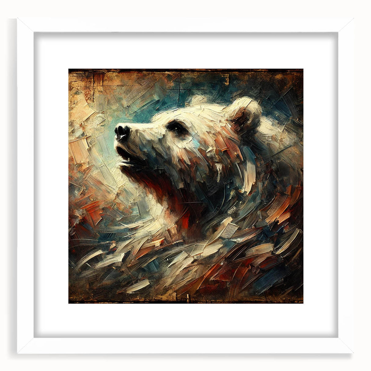 Abstract oil painting of a bear, featuring dynamic brush strokes and vibrant colors, framed with a white mat, ideal for modern art enthusiasts and home decor.