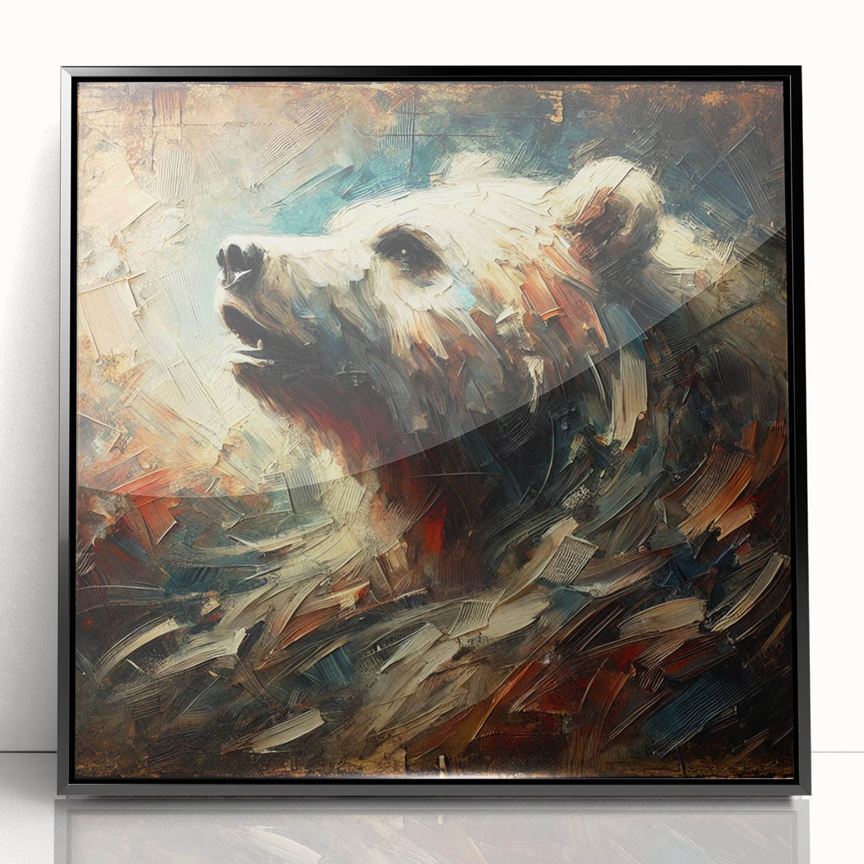 Abstract oil painting of a bear in dynamic colors, framed in black acrylic, showcasing vibrant brush strokes and emotional depth. Ideal for modern art enthusiasts.