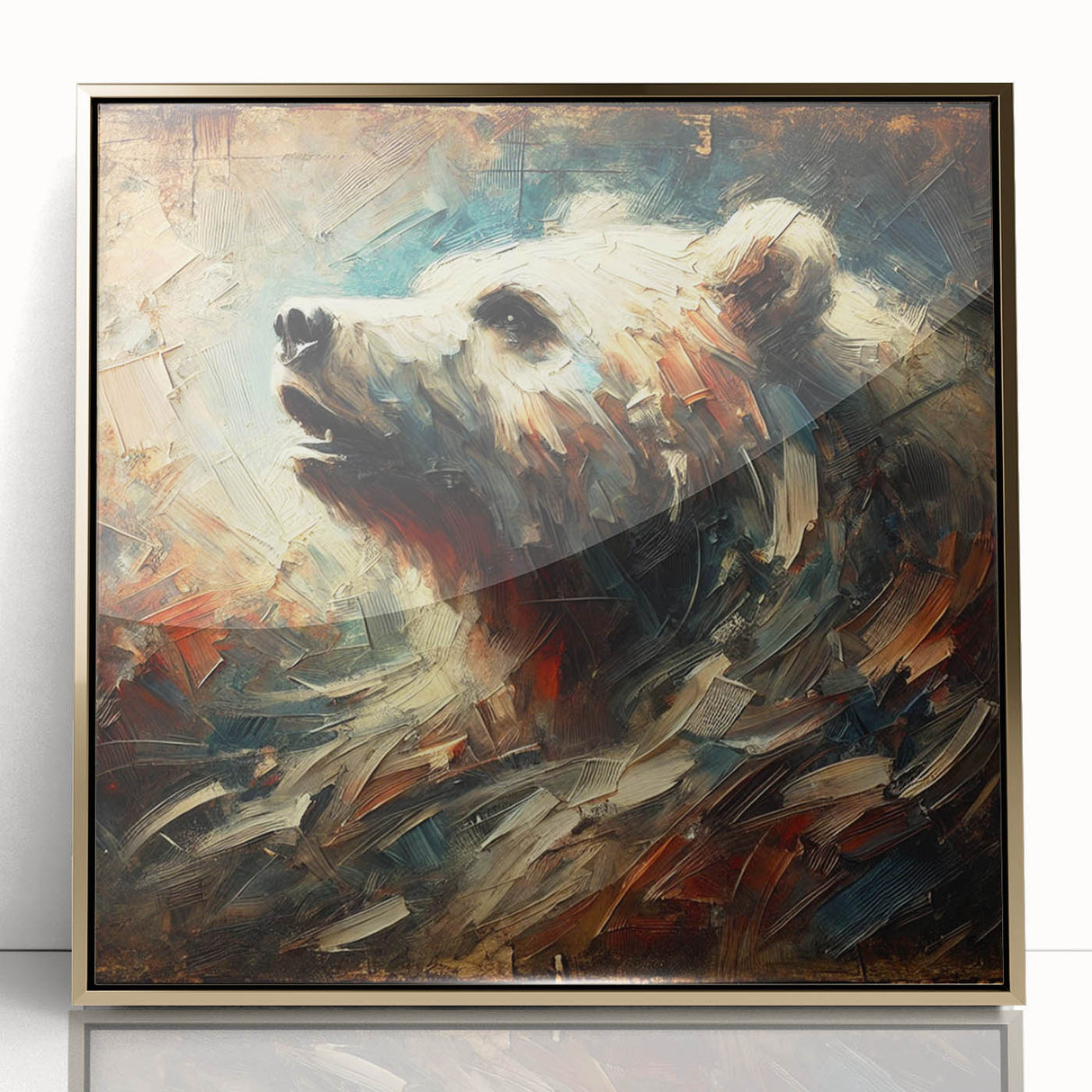 Abstract oil painting of a bear in dynamic colors, framed in gold acrylic, showcasing bold brush strokes and a contemporary artistic style, ideal for modern home decor.