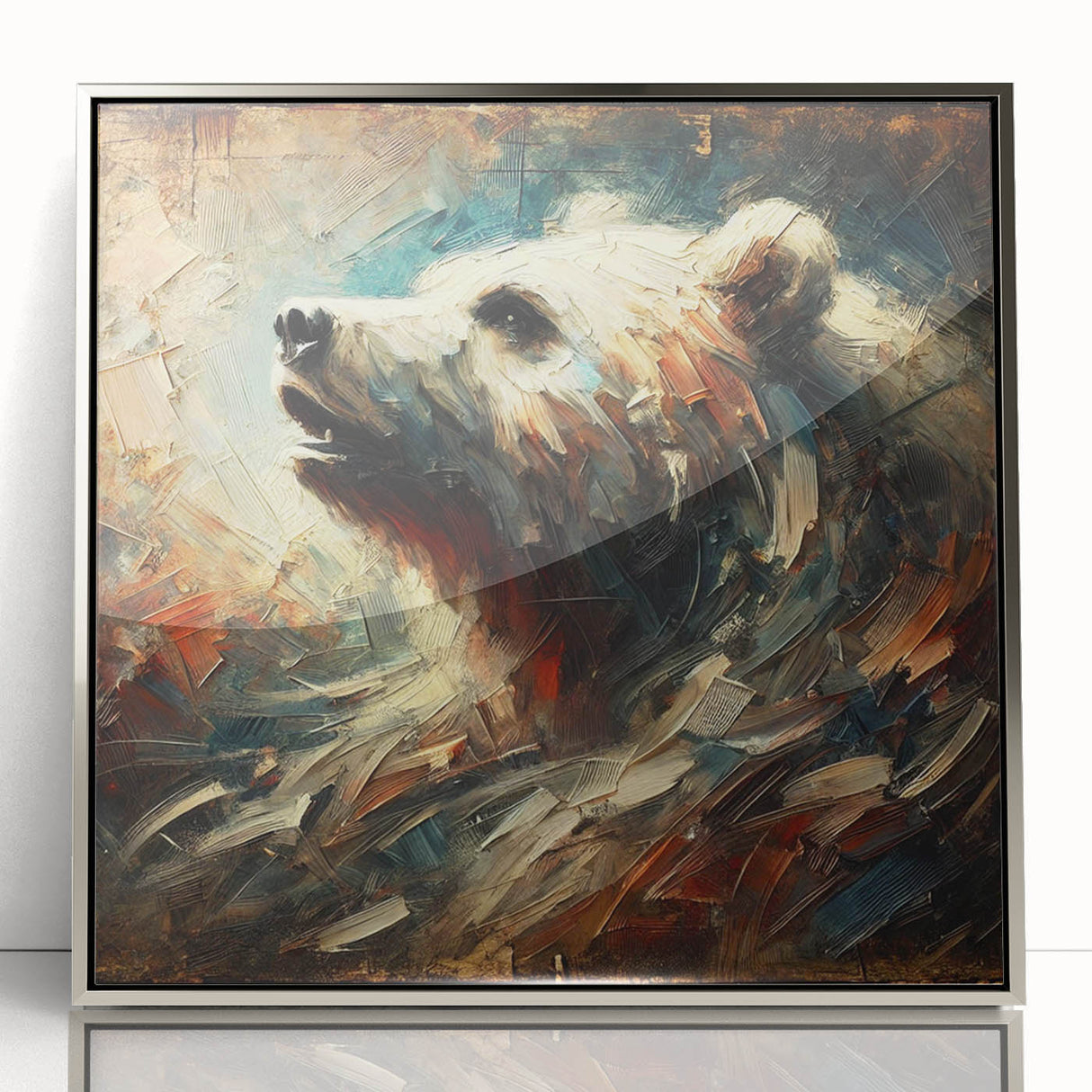 Abstract oil painting of a bear in dynamic motion, framed with a sleek silver acrylic, showcasing vibrant colors and textures, ideal for modern home decor.