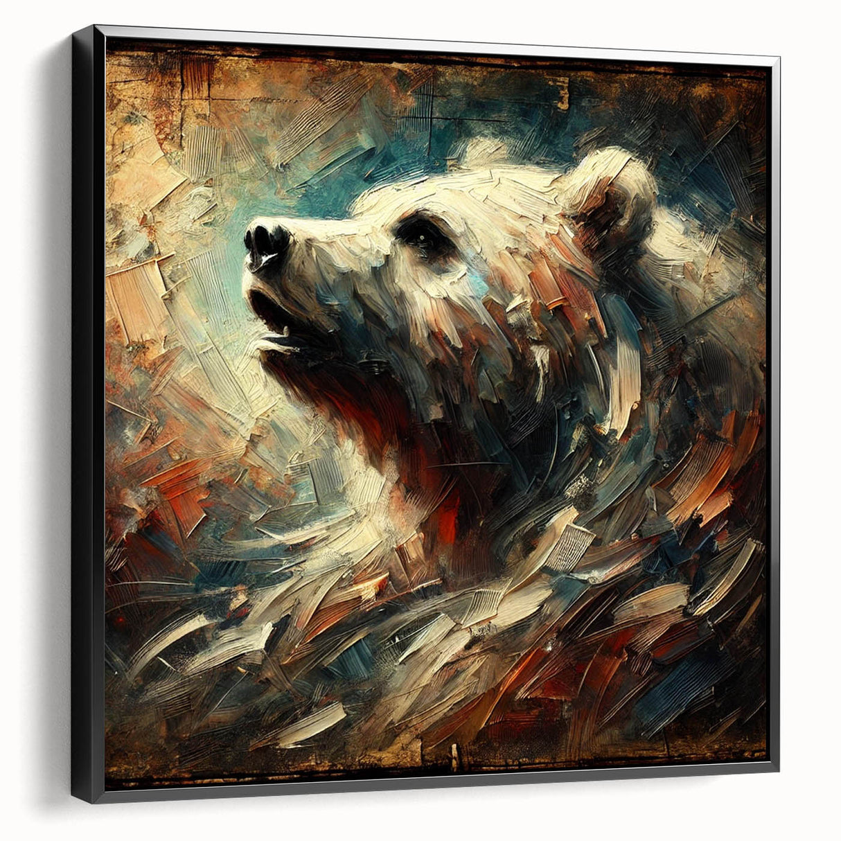 Abstract oil painting of a bear in dynamic colors, set on a black-framed canvas, showcasing bold brushstrokes and vivid textures, ideal for contemporary decor.