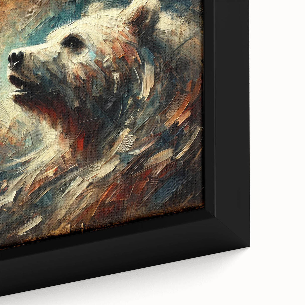 Close-up view of an abstract oil painting depicting a bear, featuring dynamic brush strokes and vibrant colors on a framed canvas, perfect for modern decor.
