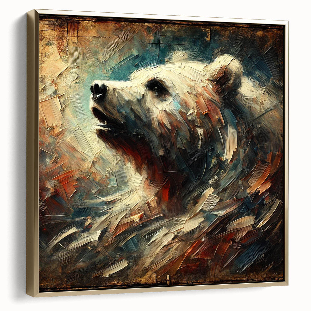 Abstract oil painting of a bear, showcasing dynamic brush strokes and rich colors, framed in gold, perfect for modern home decor or art enthusiasts.
