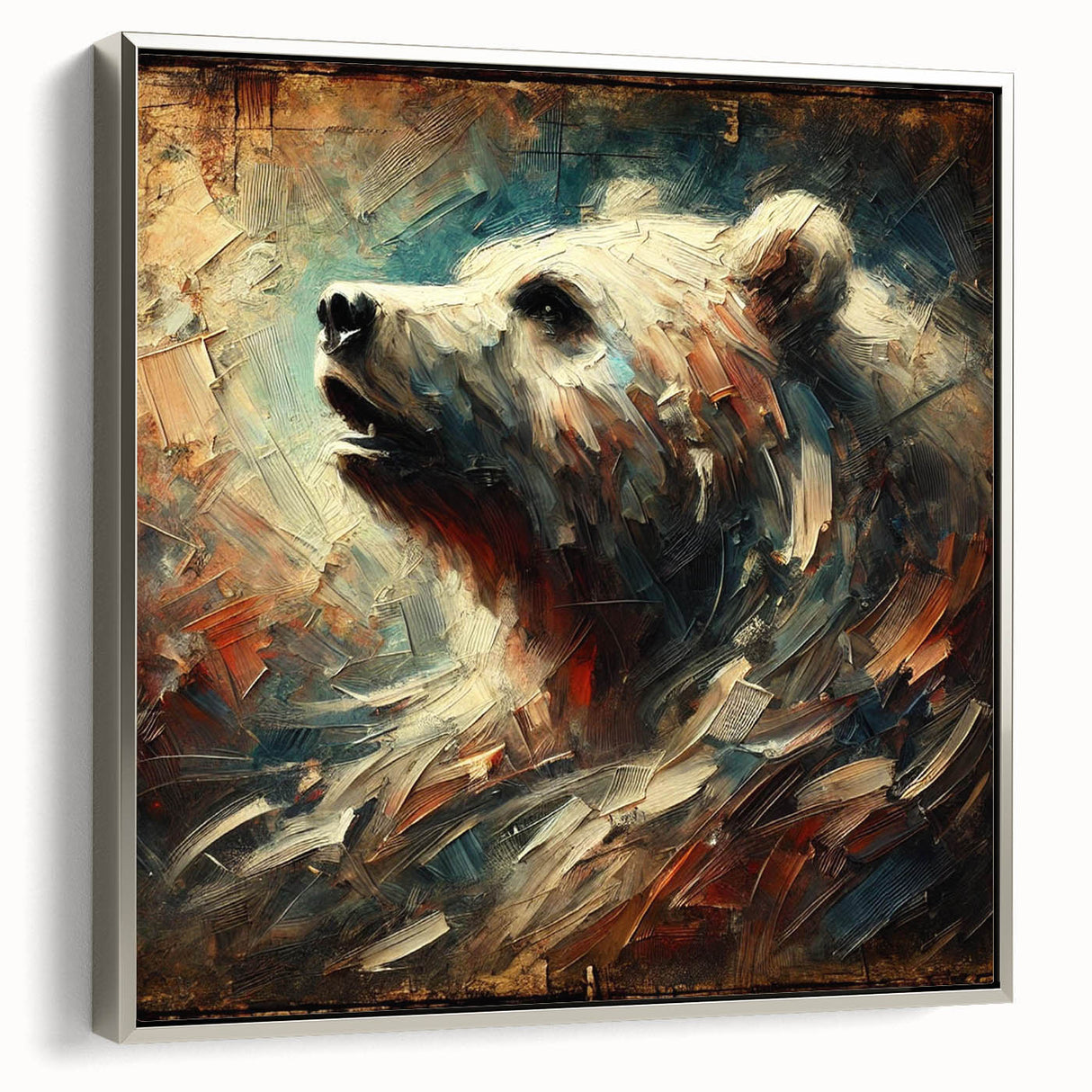 Abstract oil painting of a bear in dynamic colors, framed in silver, showcasing vivid brushstrokes and textured details, ideal for modern home decor.
