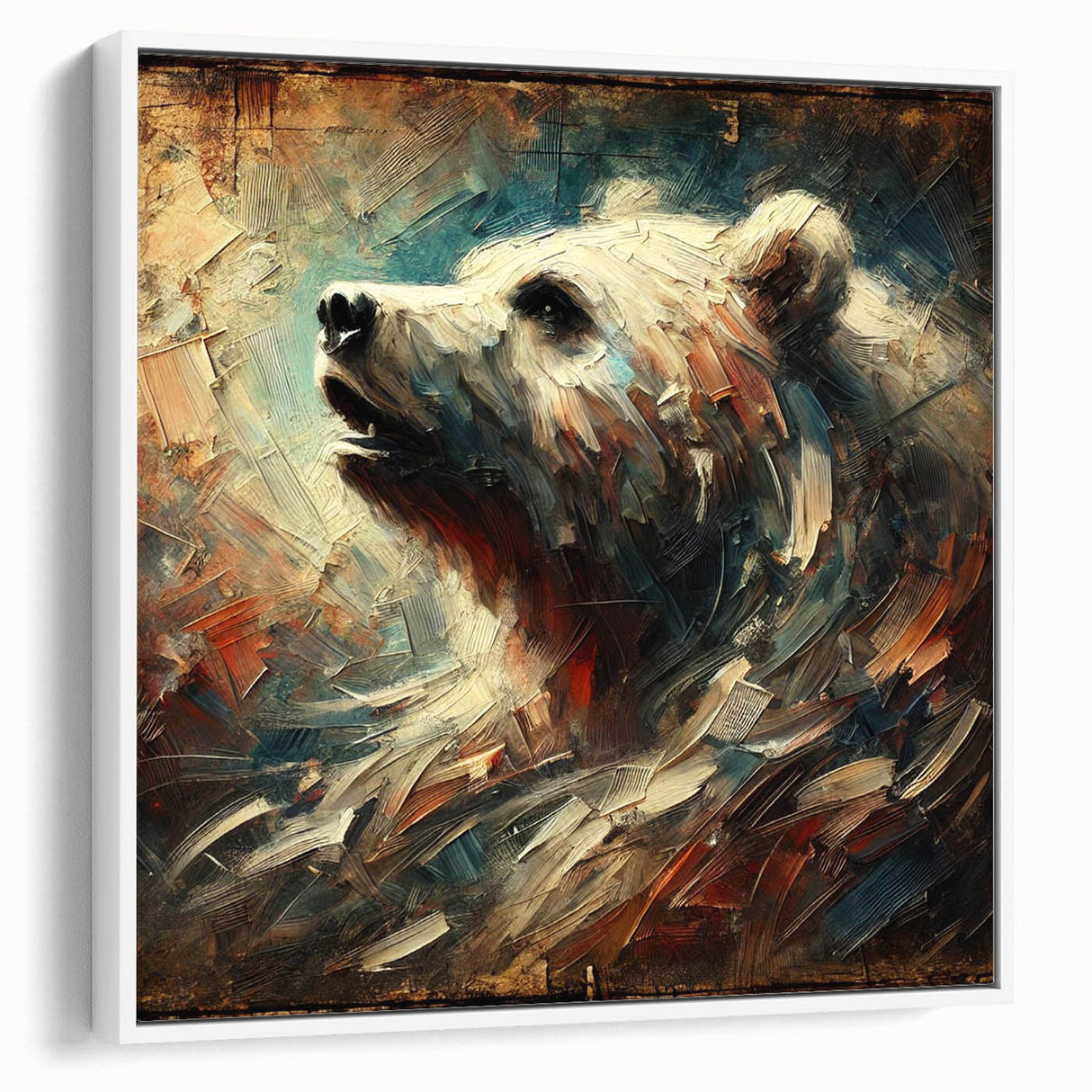 Abstract oil painting of a bear, showcasing dynamic brush strokes in vibrant colors, framed in white, ideal for modern home decor and animal art enthusiasts.
