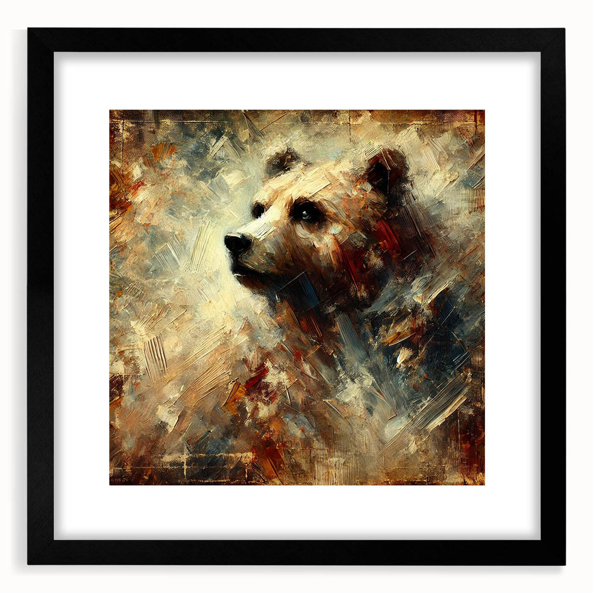 Abstract oil painting of a bear in dynamic colors, framed with a matte black finish, showcasing expressive details and textures in the artwork. Ideal for modern home decor.