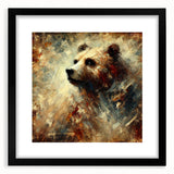 Abstract oil painting of a bear in dynamic colors, framed with a matte black finish, showcasing expressive details and textures in the artwork. Ideal for modern home decor.