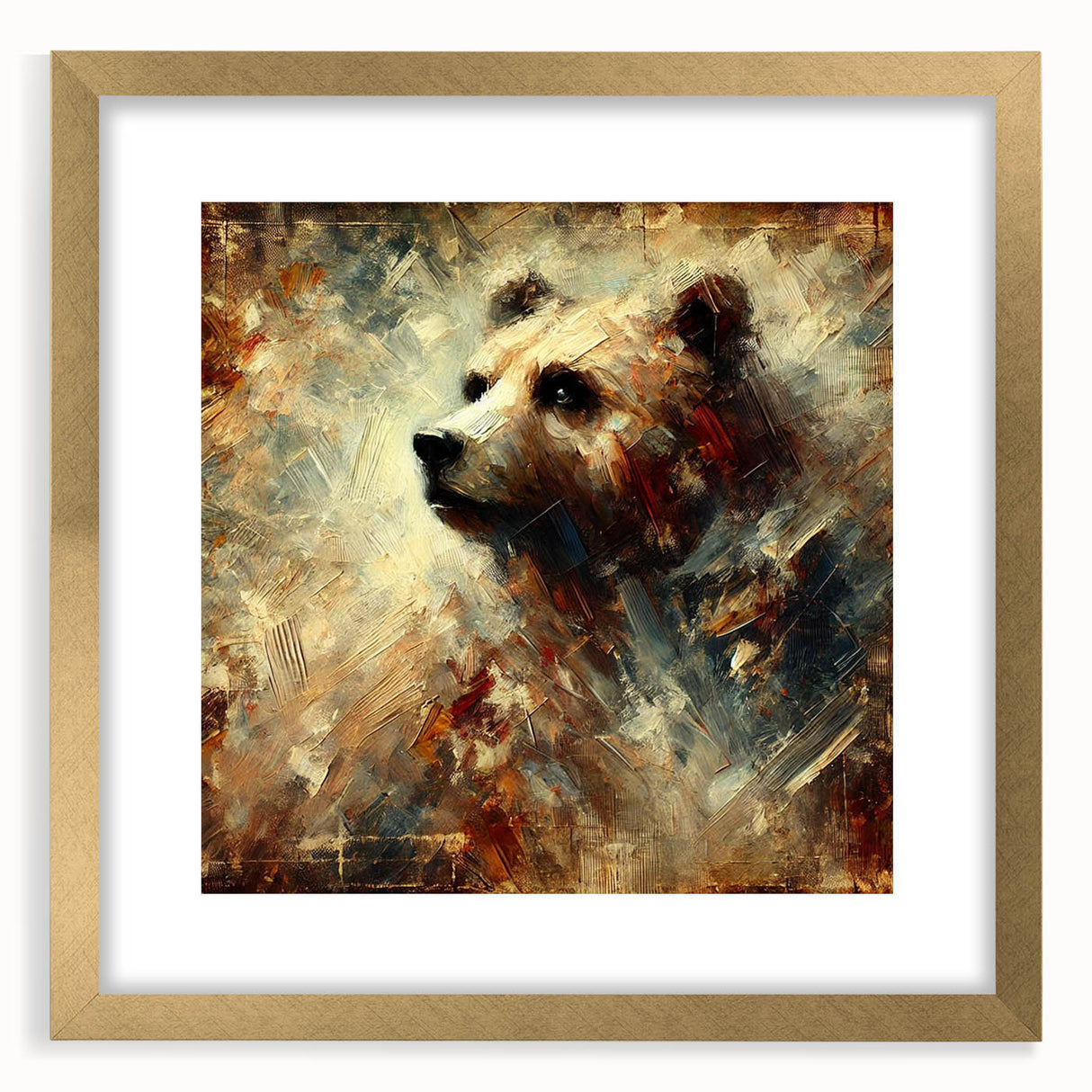 Abstract oil painting of a bear with vibrant colors, framed in an ornate gold mat, showcasing expressive brushstrokes that evoke emotion. Perfect for modern art enthusiasts.
